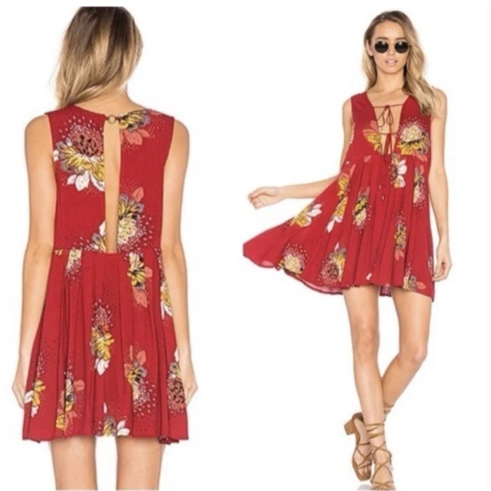 Free People Lovely Day Red Floral Tie Front Tunic Mini Dress S Boho Flowy Boxy